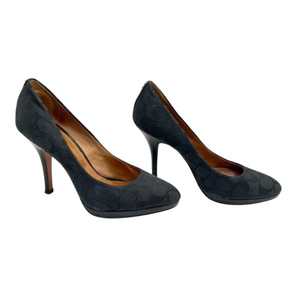 COACH Caya Logo Platform Heels Size 8.5B Y2K Quietluxury Black Pumps Signature C - Picture 2 of 16